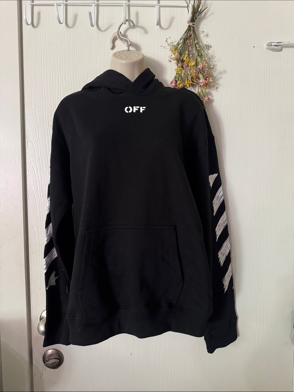 NWT Off-White Scribble Black Crewneck Hoodie with White Diagonal Sleeve Stripes
